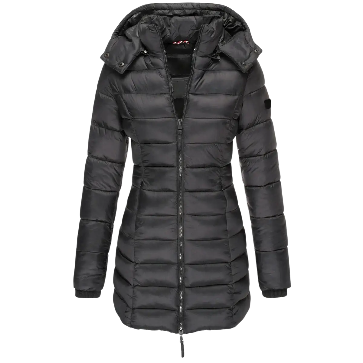 Women’s slim hooded winter parka coat in black quilted fabric with modern design and subtle chest branding