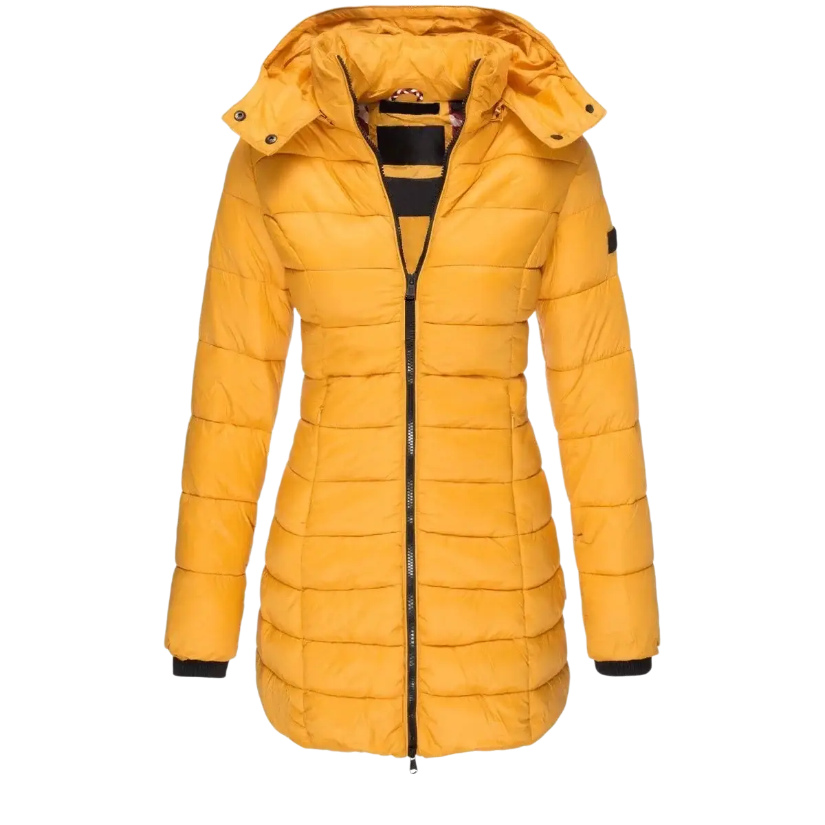 Women’s slim hooded winter parka coat in bright yellow quilted fabric with black zipper and cuffs