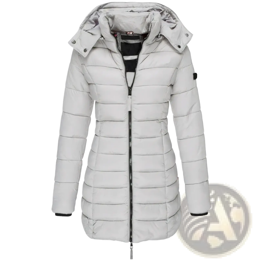 Light gray quilted slim hooded winter parka coat for women with black zipper and trim for cold weather use