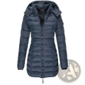 Navy blue quilted women’s slim hooded winter parka coat with sleek modern design and black zipper accents