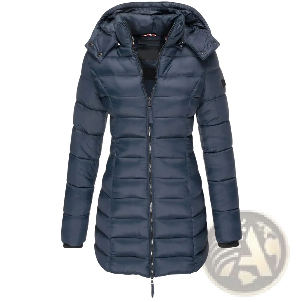 Navy blue quilted women’s slim hooded winter parka coat with sleek modern design and black zipper accents