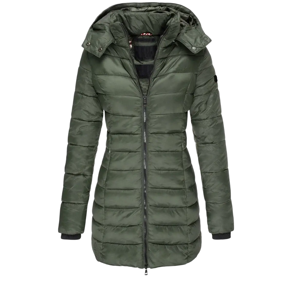 Women’s slim olive green quilted hooded winter parka coat with black zipper and cuffs for cold weather use