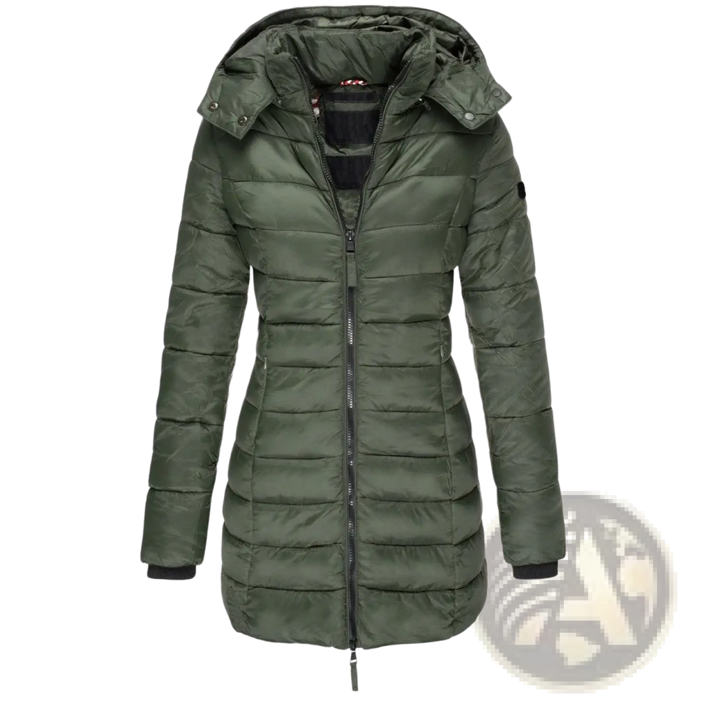 Women’s slim olive green quilted hooded winter parka coat with black zipper and cuffs for cold weather use