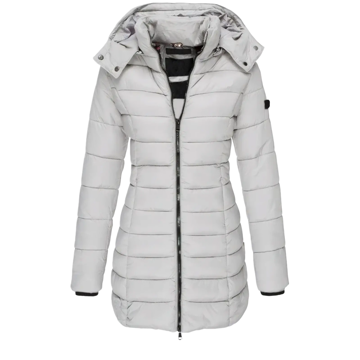 Women’s slim hooded winter parka coat in light gray quilted puffer style with detachable hood and black zipper accents