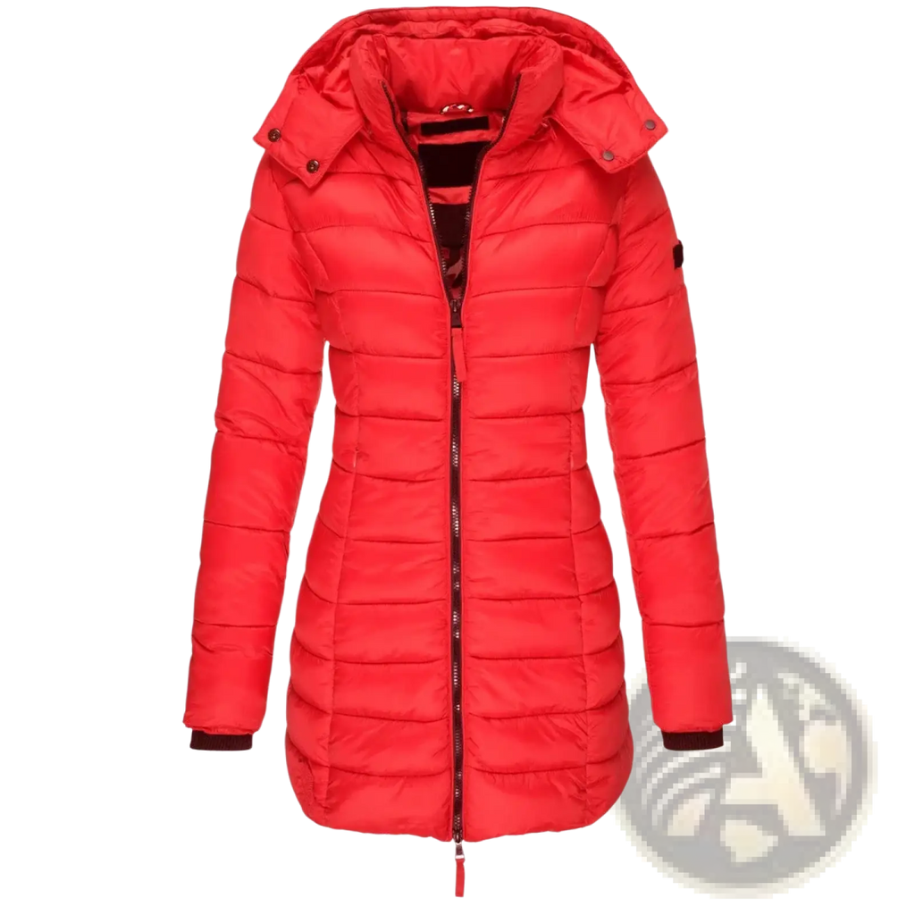 Women’s slim hooded winter parka coat in vibrant red quilted fabric with black trim and central zipper closure