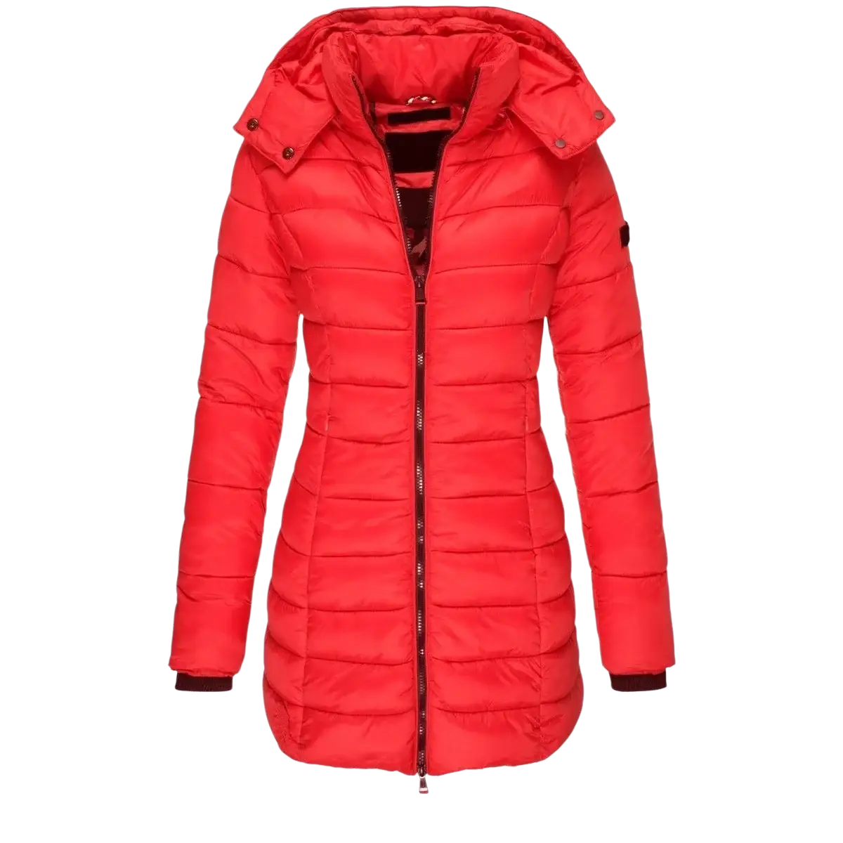 Women’s slim hooded winter parka coat featuring a vibrant red quilted design with black trim on cuffs and zipper pull