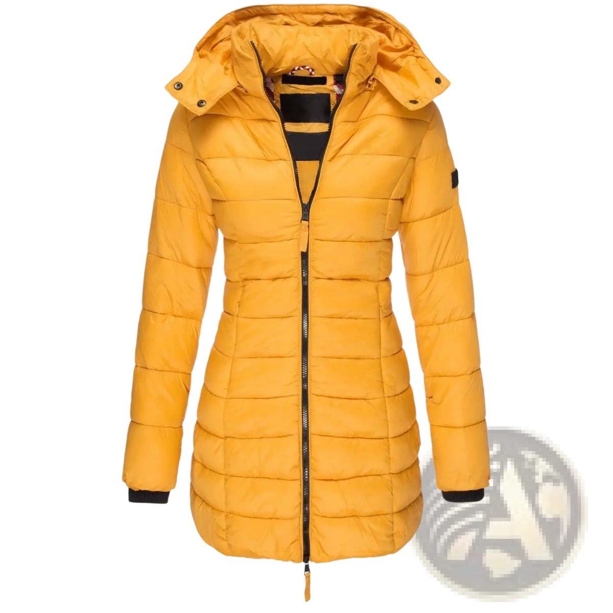 Women’s slim hooded winter parka coat in vibrant yellow quilted fabric with black zipper accents and ribbed cuffs