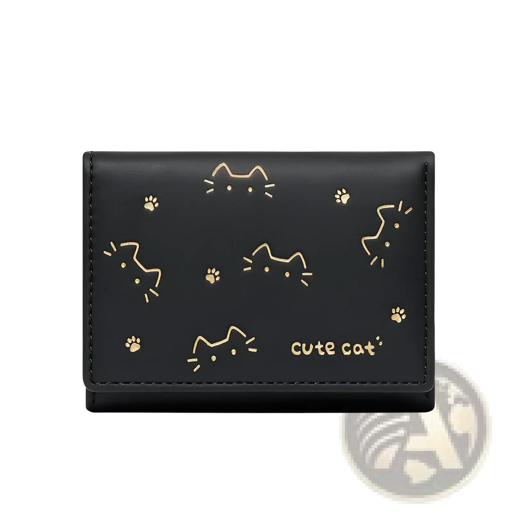 Black leather women’s small folding wallet with gold foil stamped cat faces paw prints and cute cat text