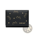 Black leather women’s small folding wallet with gold foil stamped cat faces paw prints and cute cat text