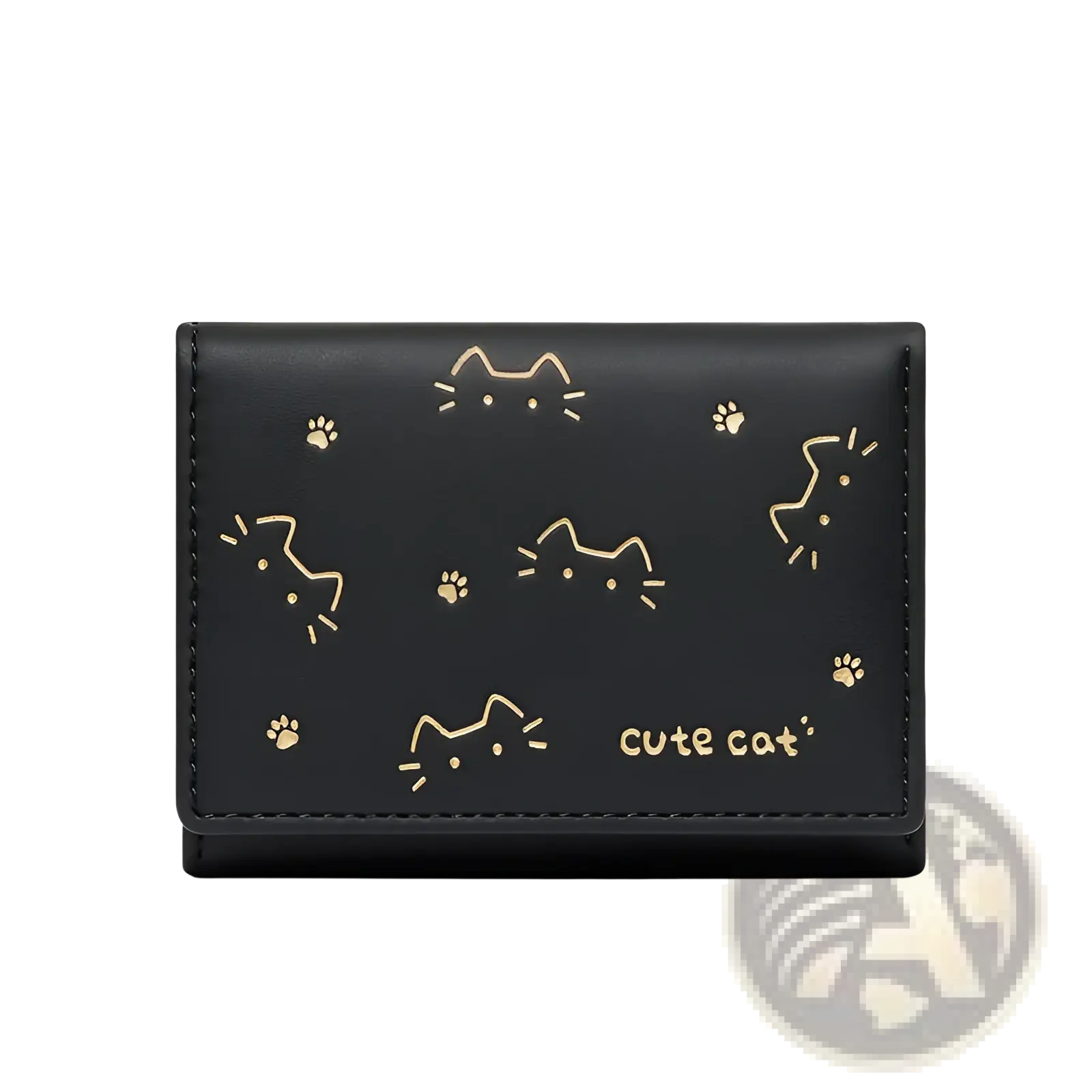 Black leather women’s small folding wallet with gold foil stamped cat faces paw prints and cute cat text