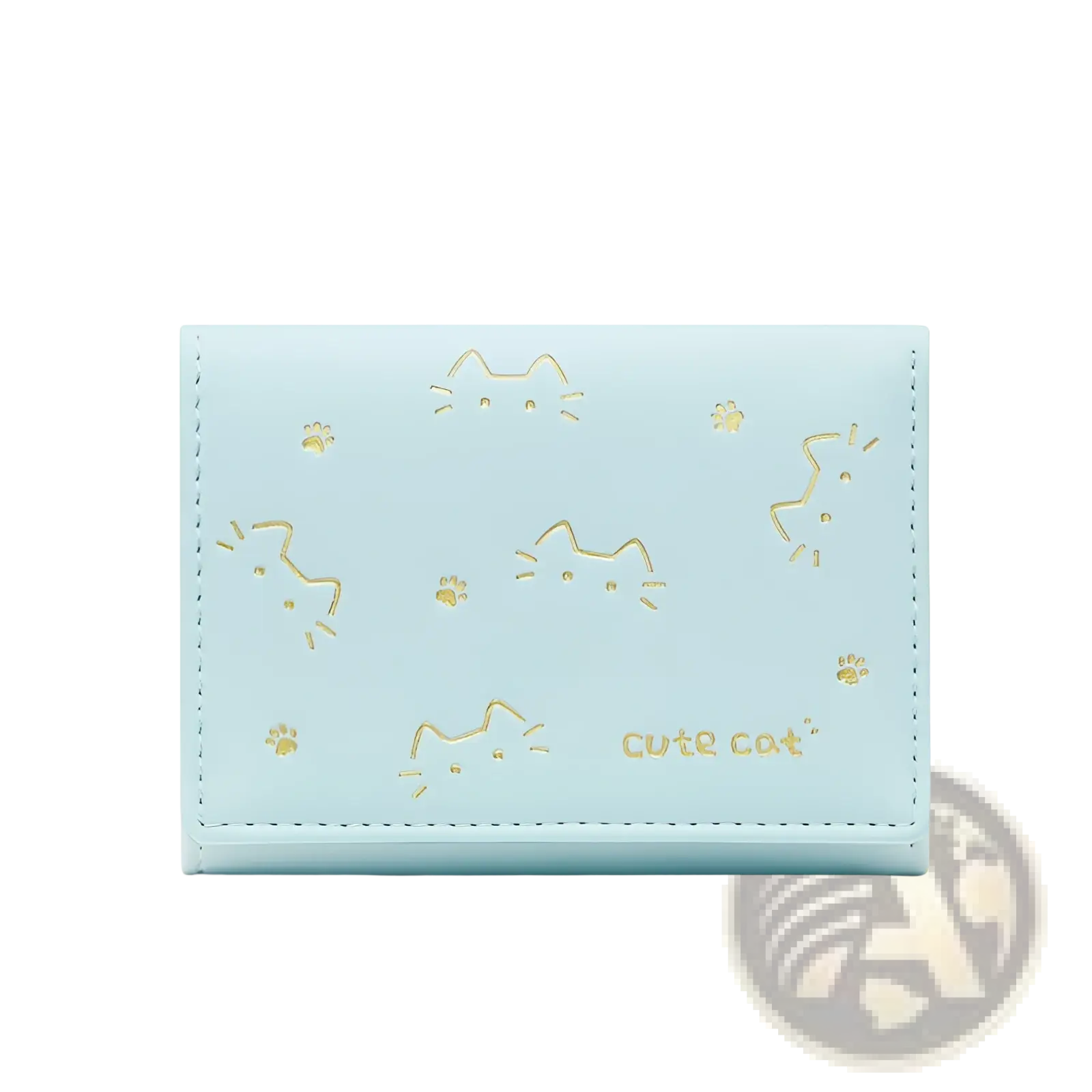 Light blue faux leather women’s small folding wallet with gold embossed cat faces paw prints and cute cat text