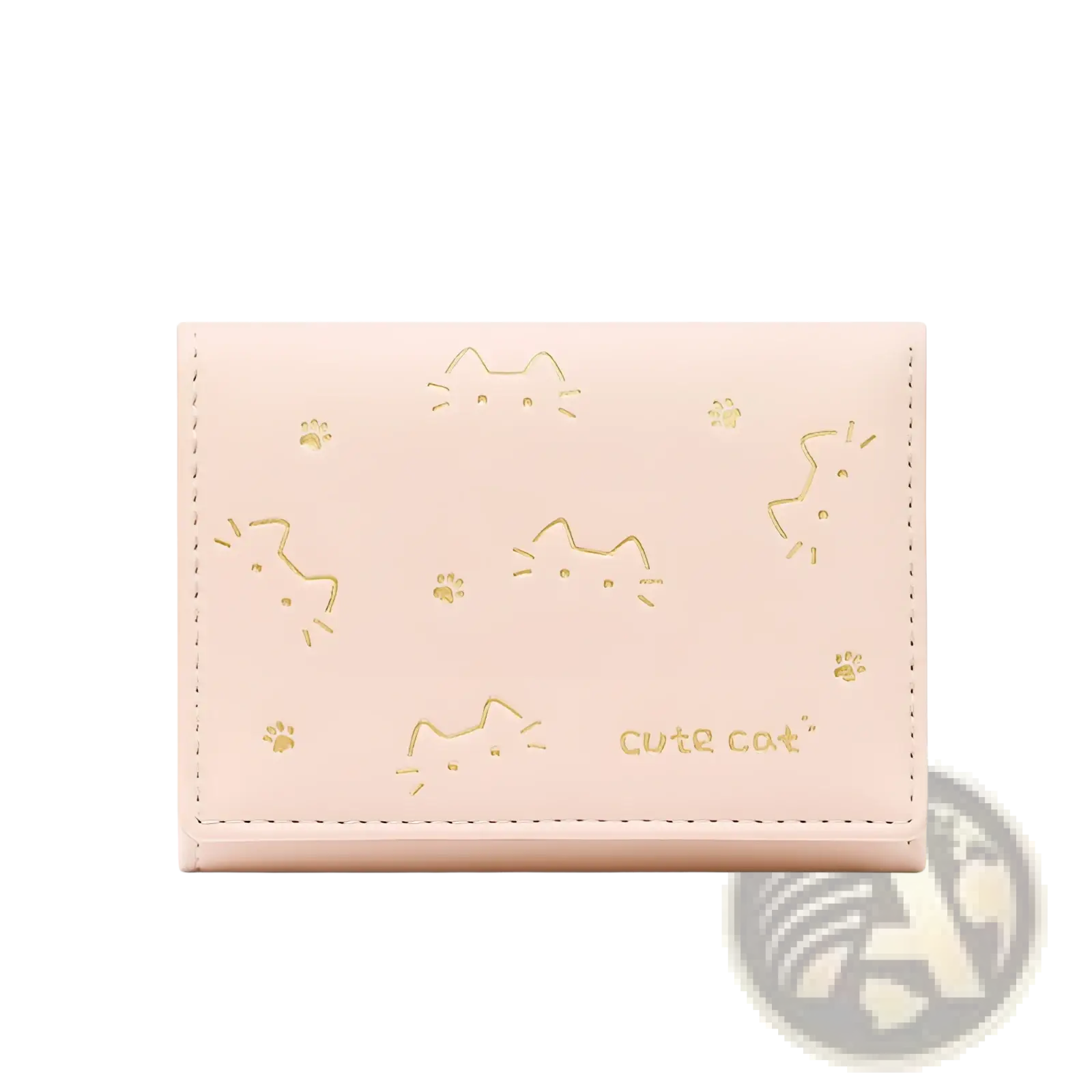 A blush pink small folding leather wallet for women with gold embossed cat faces paw prints and cute cat text