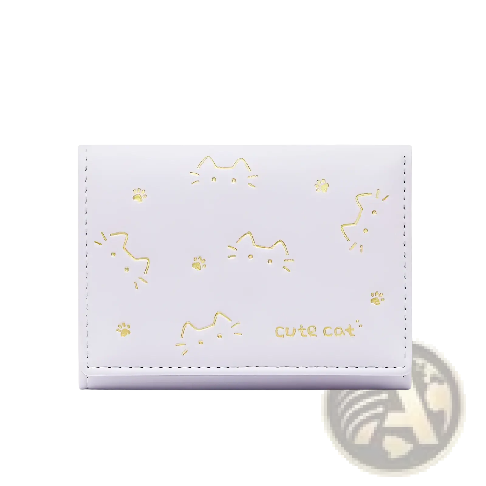 White small folding leather wallet with gold foil cat faces paw prints and playful cute cat text for women