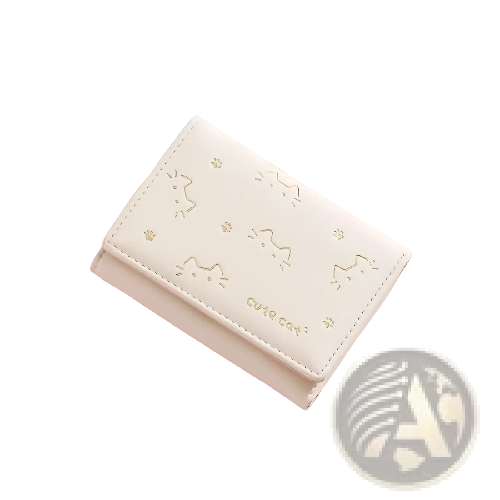 Women’s small cream-colored faux-leather trifold wallet with embossed gold cat faces and cute cat stitching
