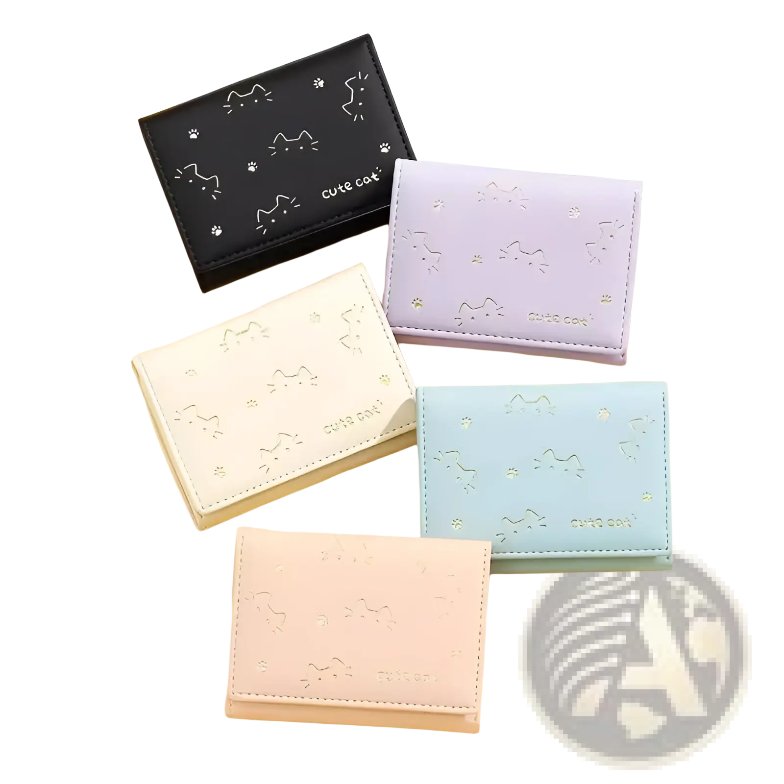 Pastel-colored women’s small cat print folding wallet made of soft leather with subtle embossed designs