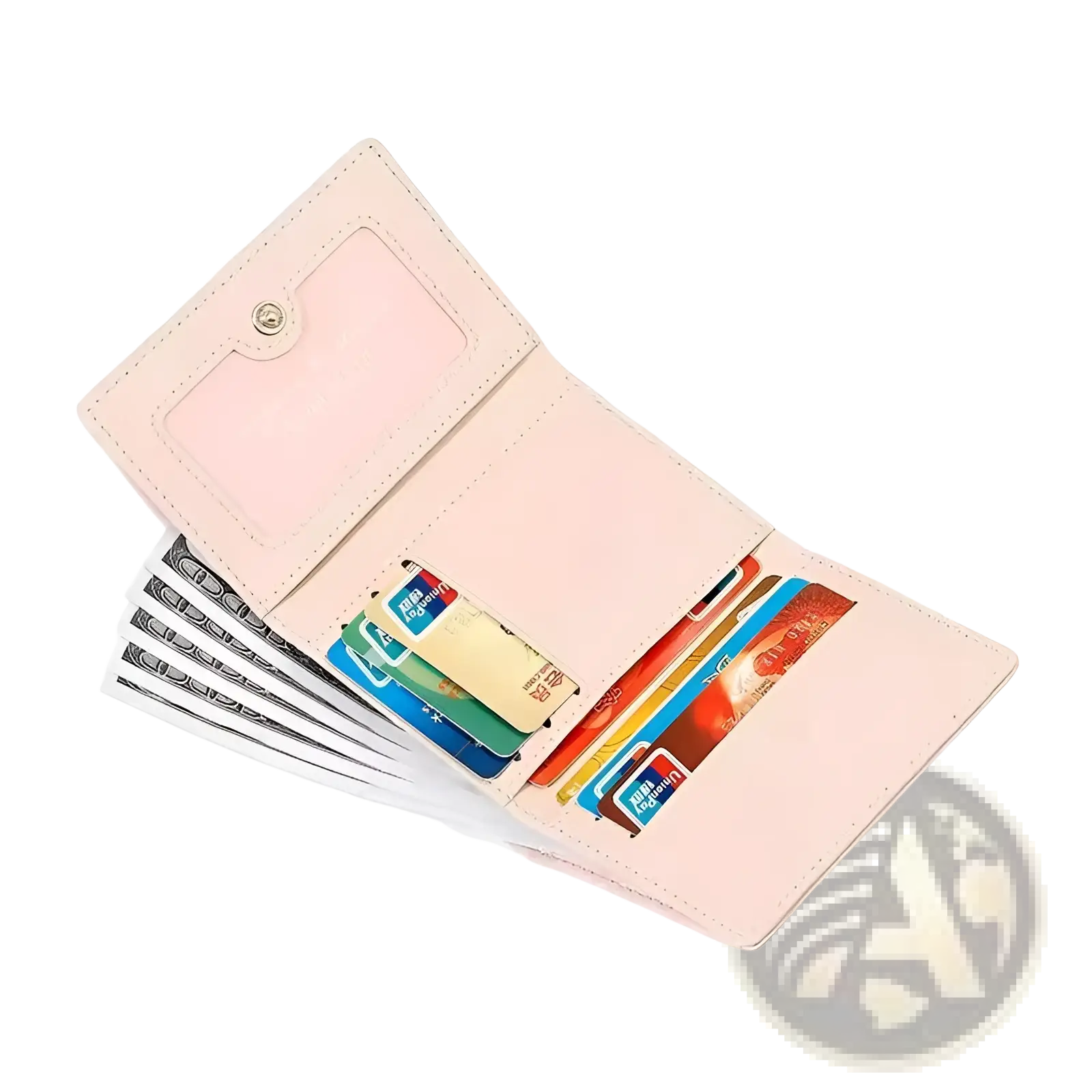 Women’s small cat print folding leather wallet in soft pink with snap closure multiple card slots and transparent id window