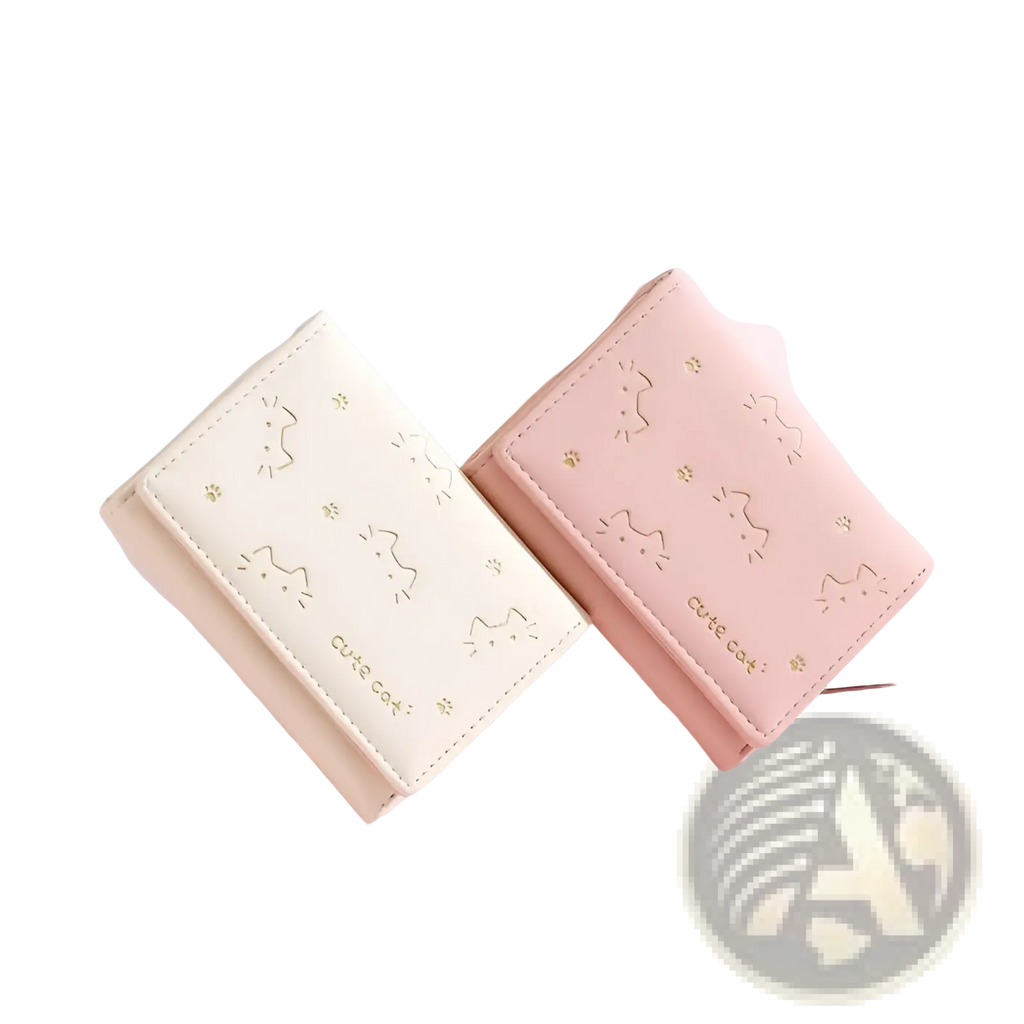 Two pastel-colored foldable leather wallets for women featuring cat face and paw print designs in white and pink