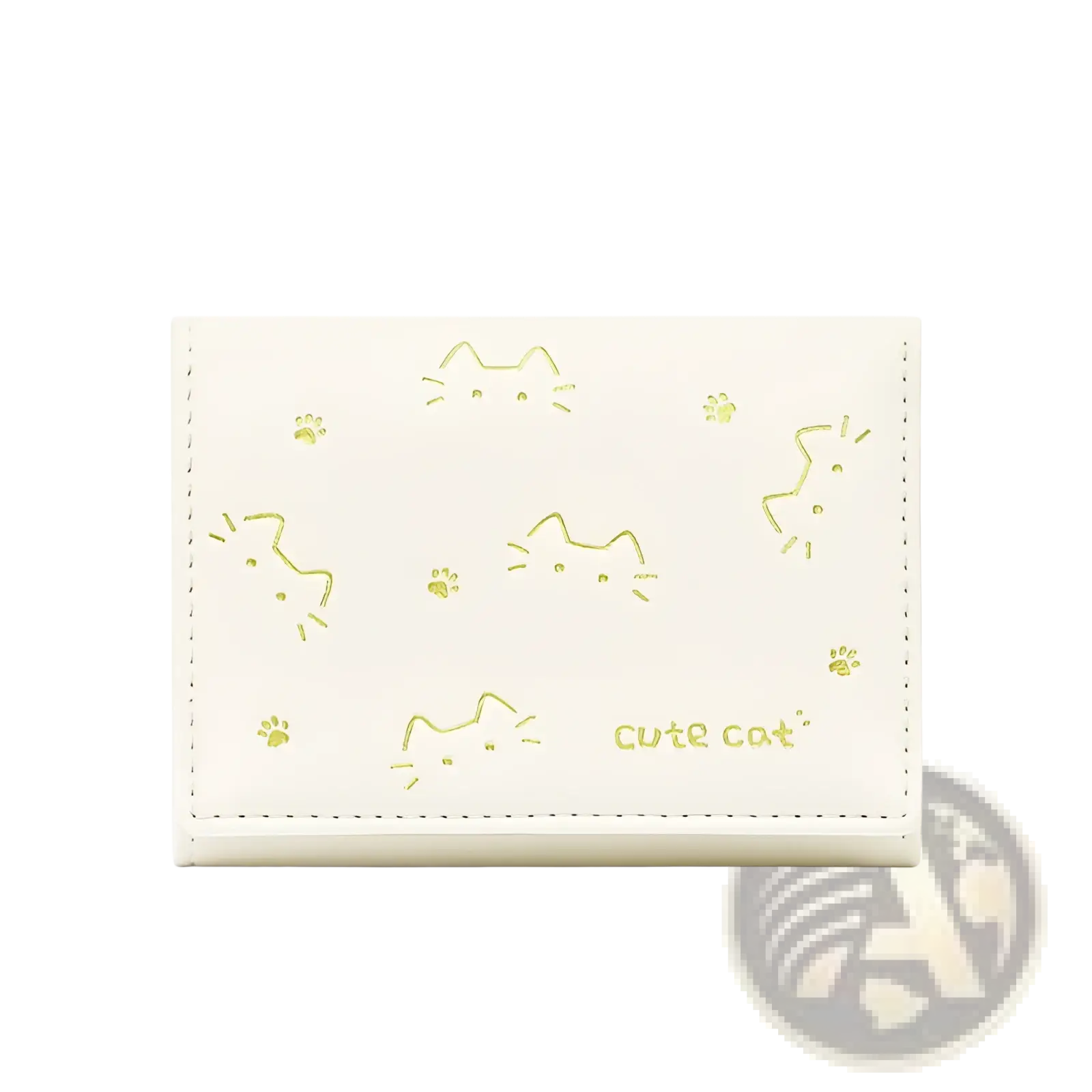 Cream-colored small folding leather wallet for women with gold foil stamping of cat faces paw prints and cute cat text
