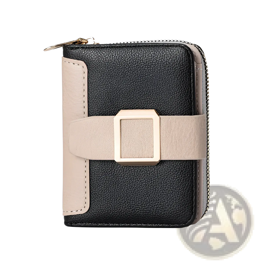 Women’s small leather wallet in black and beige with textured finish and gold-toned buckle strap across front