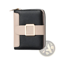 Women’s small leather wallet in black and beige with textured finish and gold-toned buckle strap across front