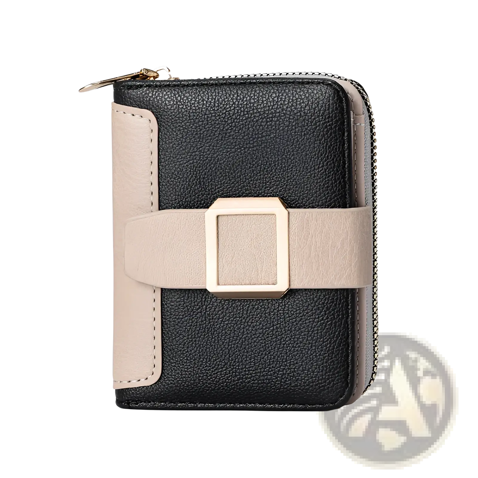 Women’s small leather wallet in black and beige with textured finish and gold-toned buckle strap across front