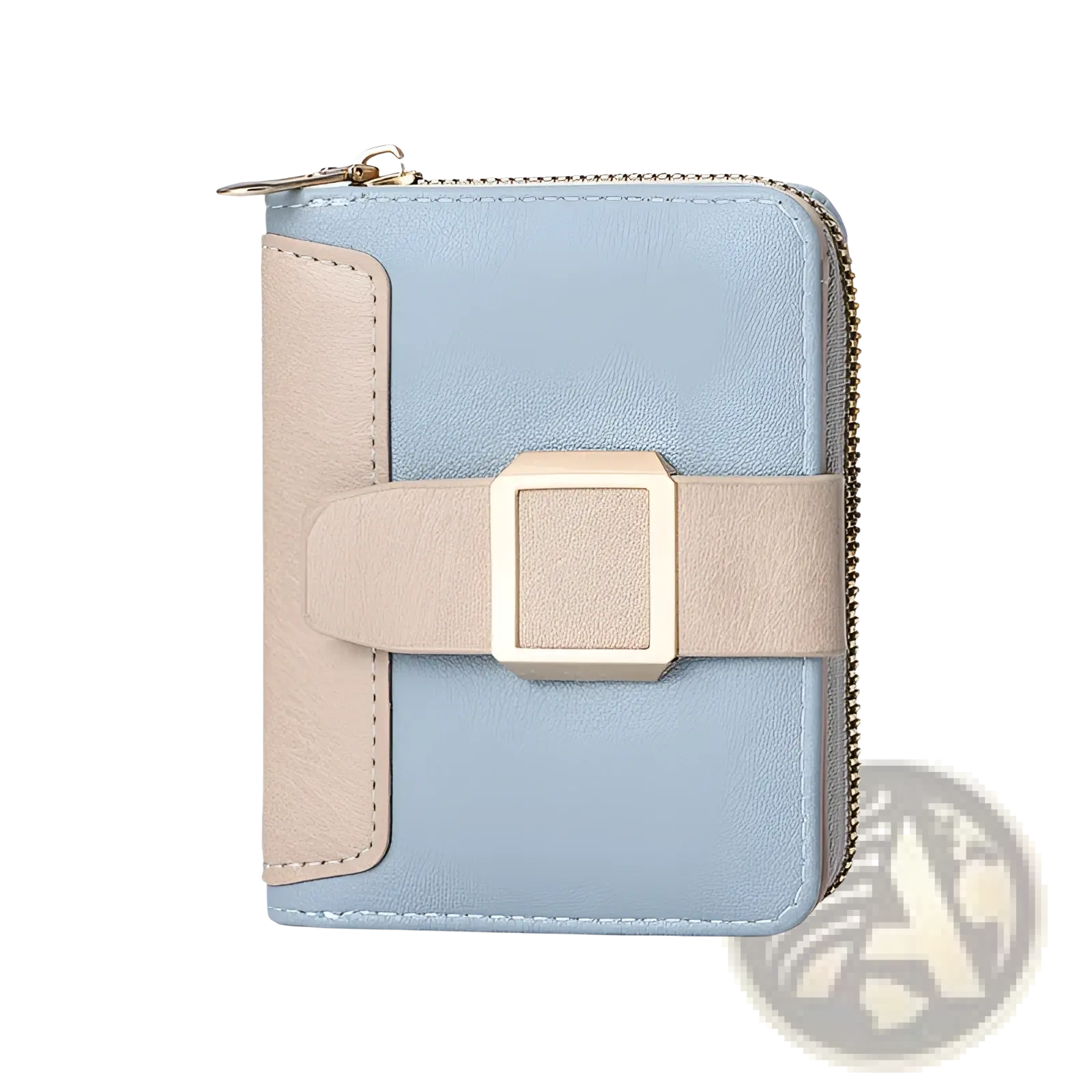 Women’s small leather wallet in light blue and beige two-tone with metallic buckle strap and zipper closure