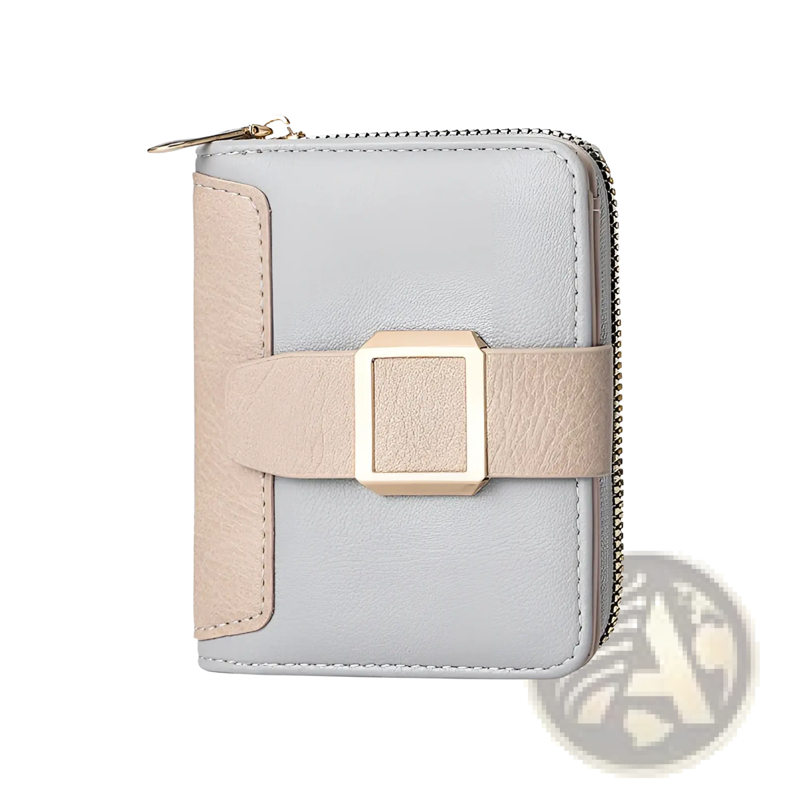 Women’s small light gray and beige leather wallet with buckle strap and zipper for secure storage