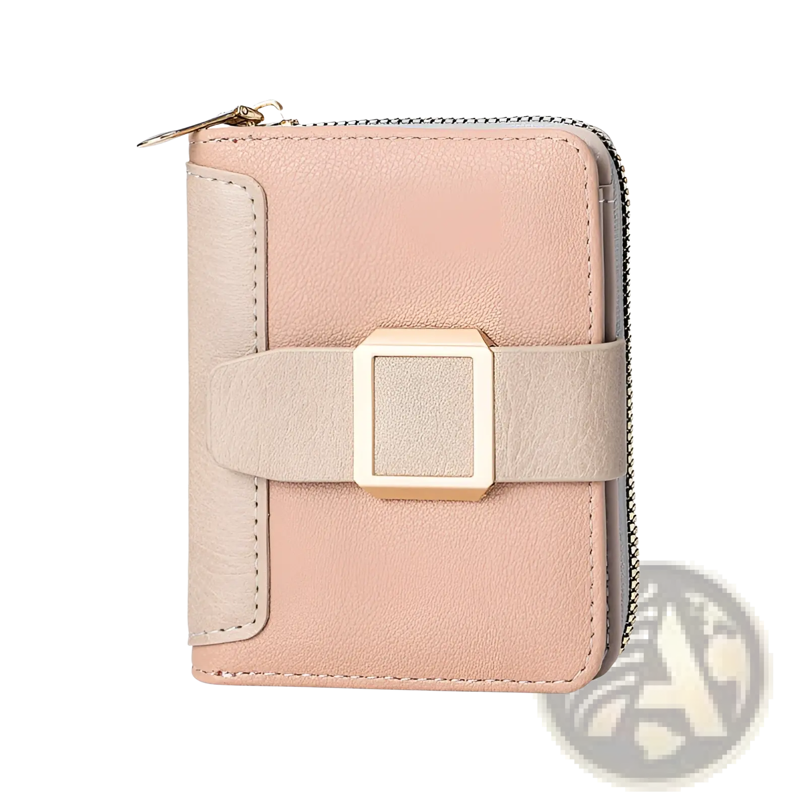 Women’s small leather wallet in blush pink faux leather with beige strap and gold-tone buckle and zipper closure