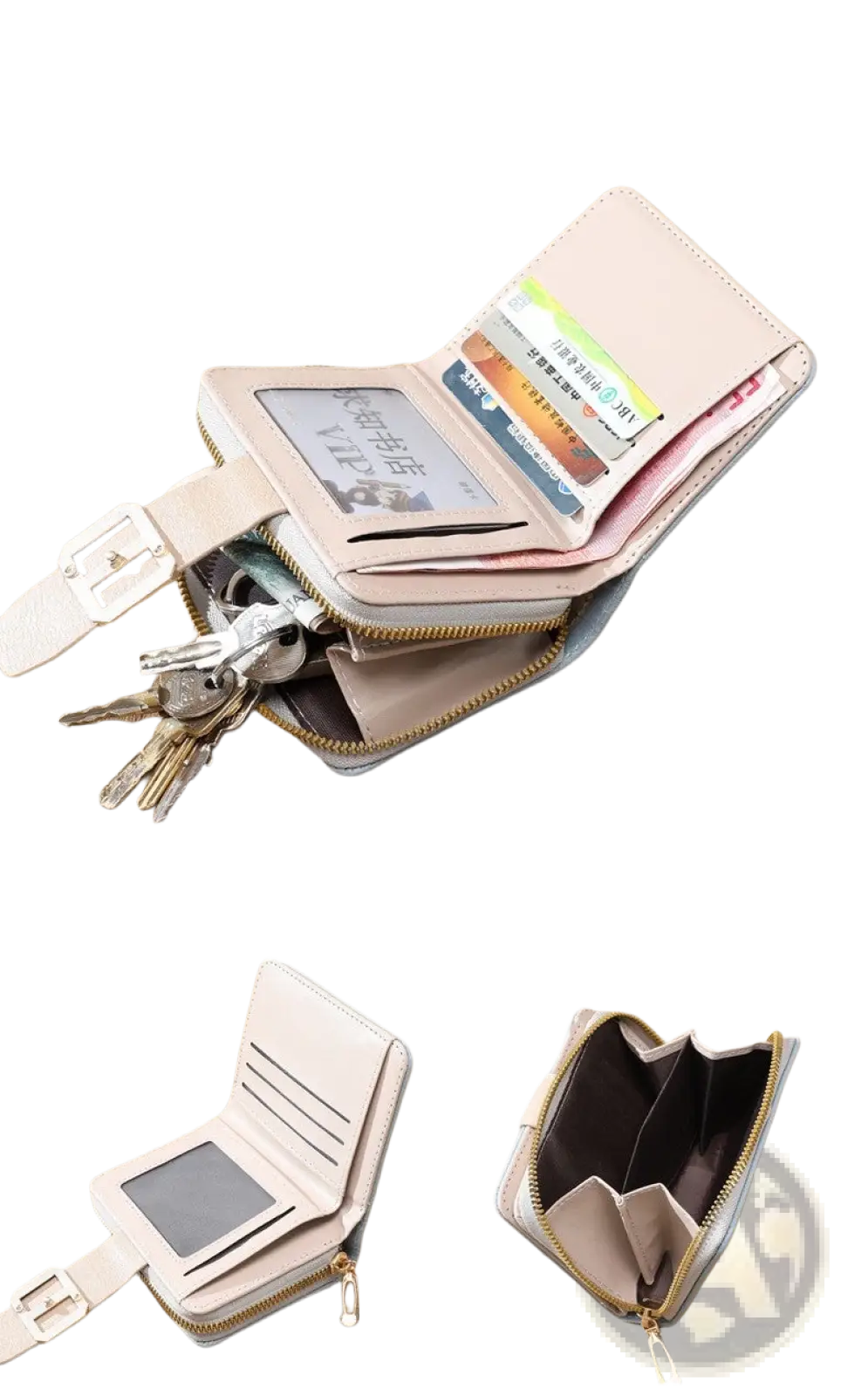 Women’s small beige leather wallet with buckle zipper closure key ring and multiple card slots
