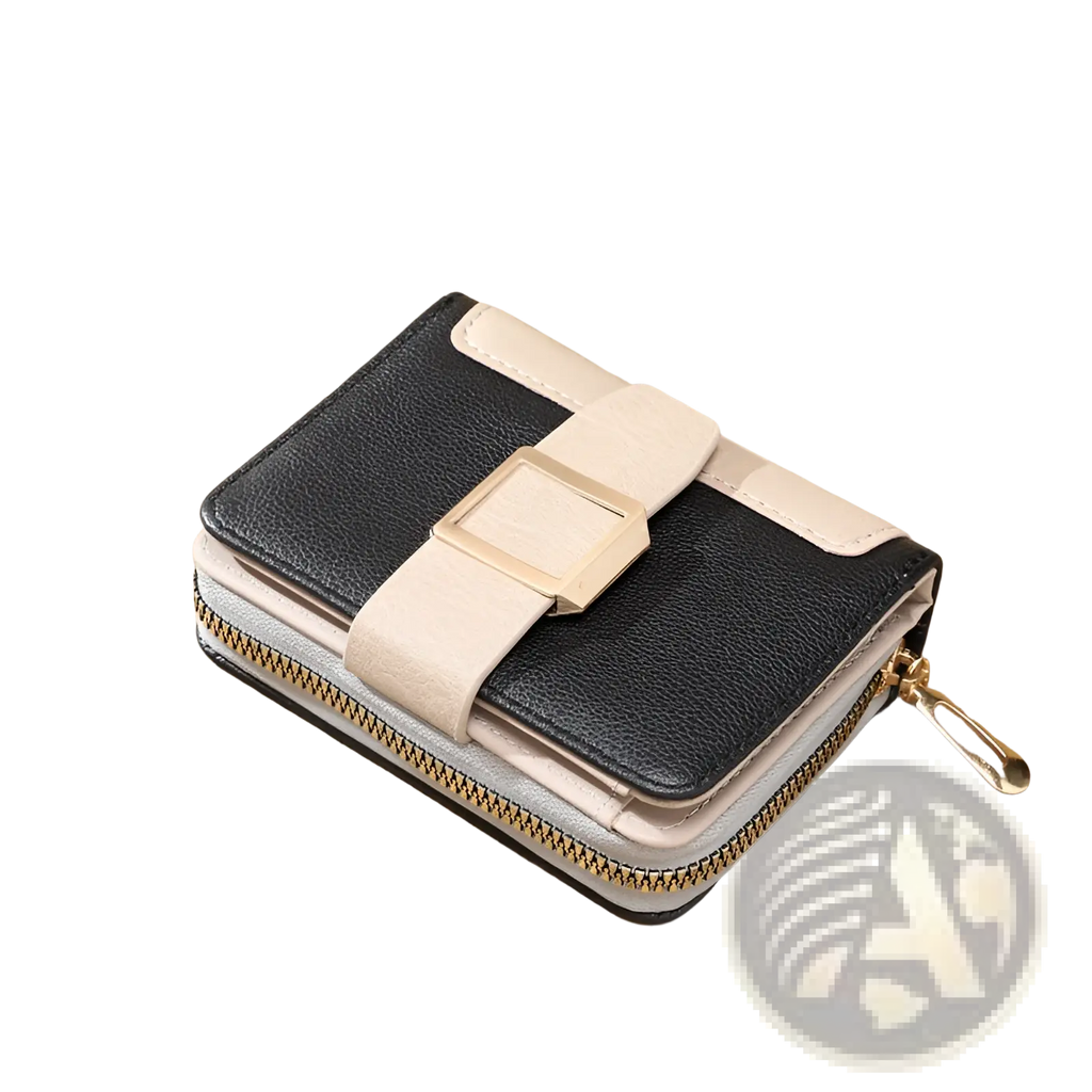 Women’s small leather wallet with black and beige two-tone design and gold-toned buckle strap closure