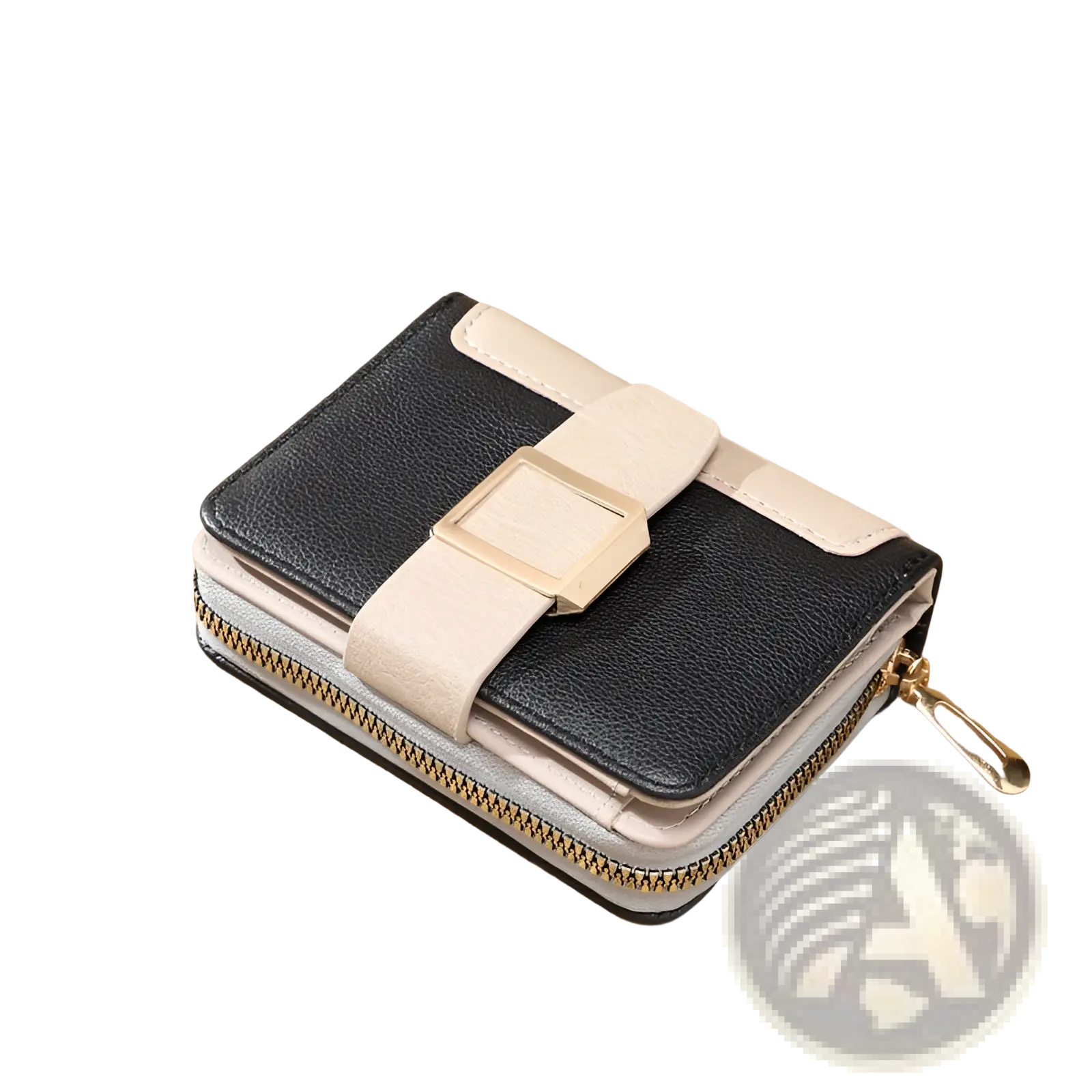 Women’s small leather wallet with black and beige two-tone design and gold-toned buckle strap closure