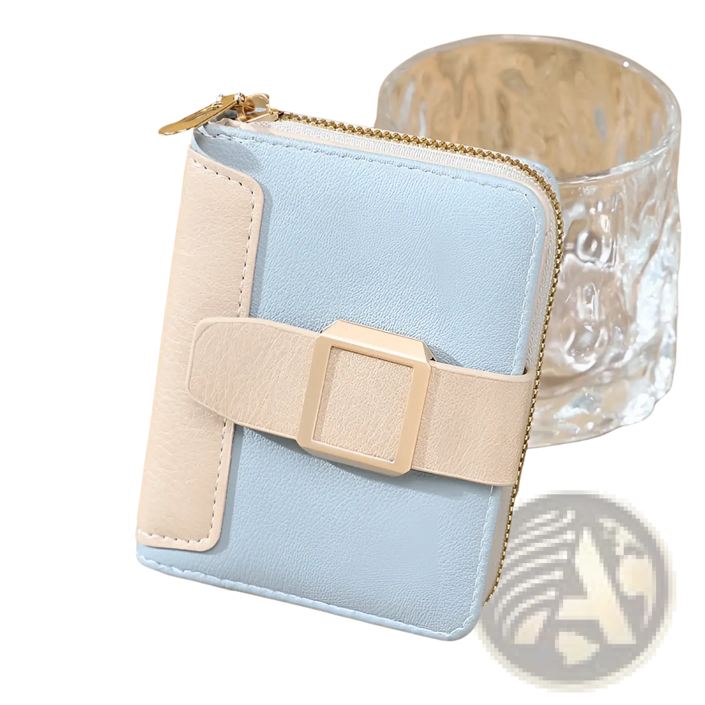 Women’s small leather wallet in light blue and beige with gold zipper and buckle strap for secure storage