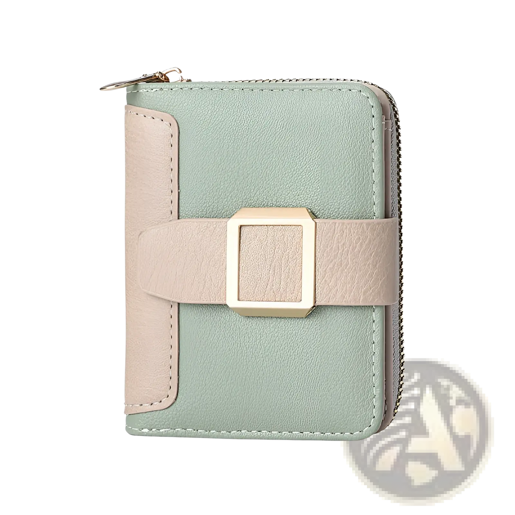 Women’s small leather wallet with buckle and zipper in mint green and beige two-tone leather with gold buckle