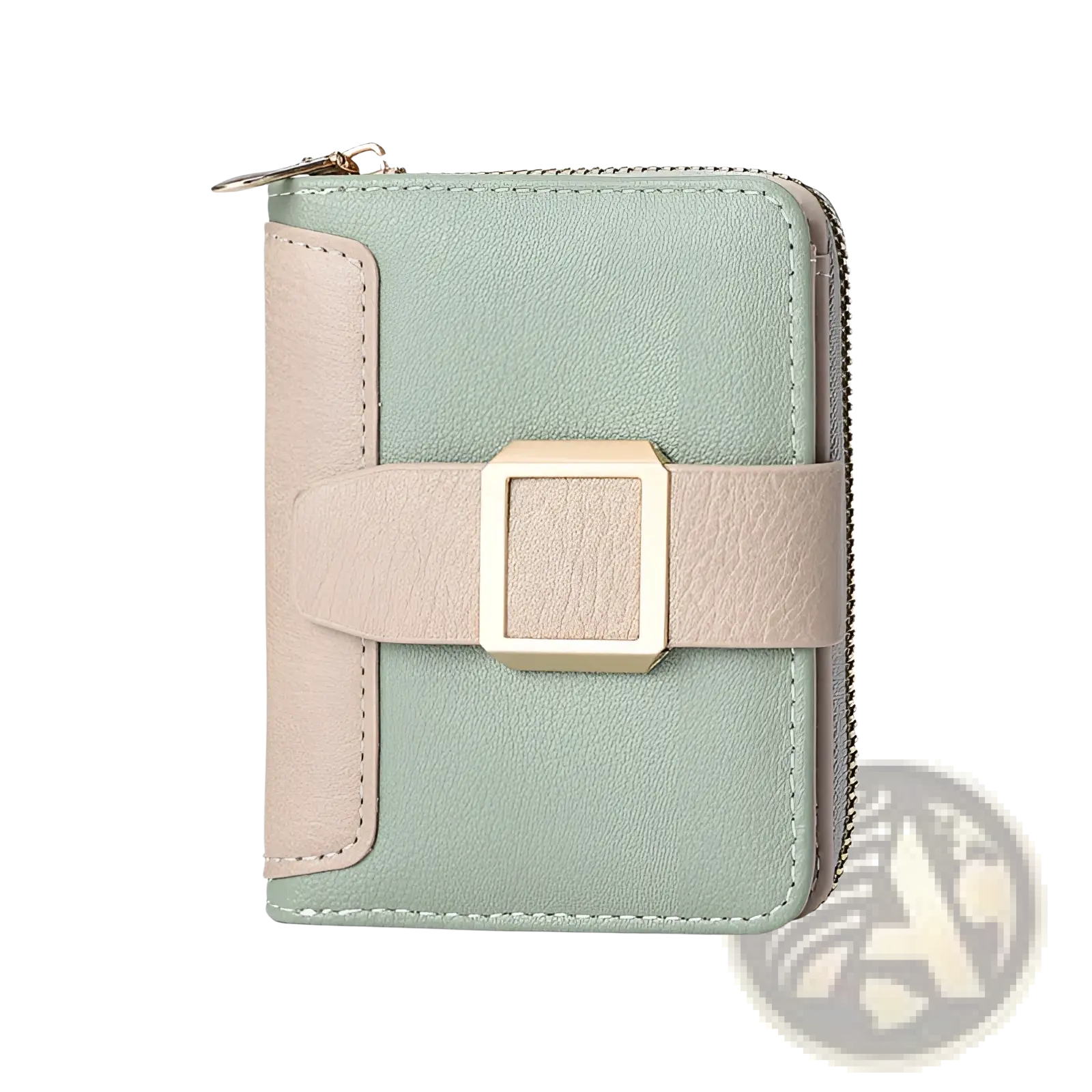 Women’s small leather wallet with buckle and zipper in mint green and beige two-tone leather with gold buckle