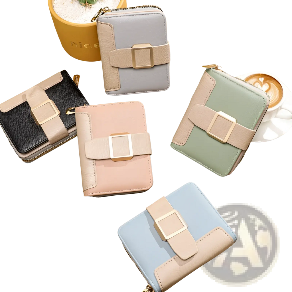 Women’s small leather wallet with buckle and zipper in pastel colors with contrasting panels and gold-tone closures