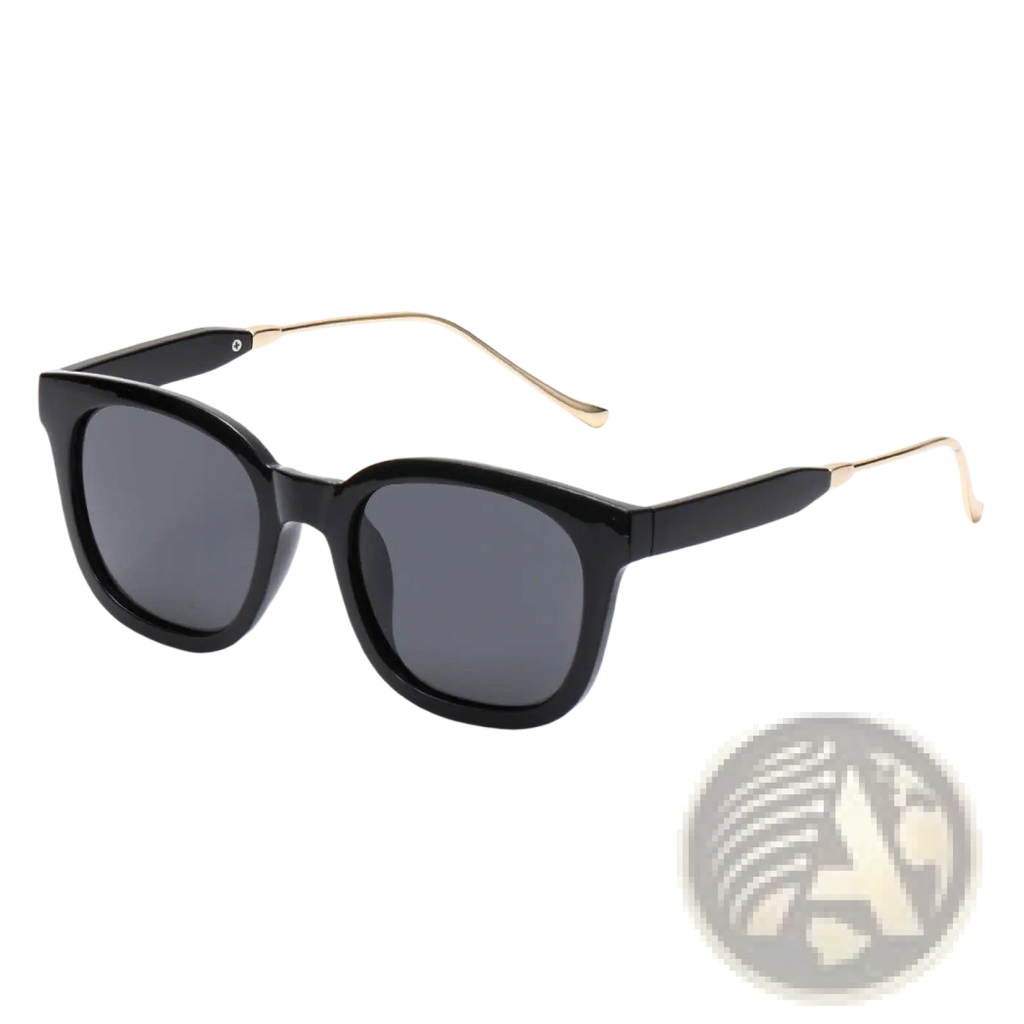 Women’s square polarized fashion sunglasses with black frames gold temple tips and dark gray lenses