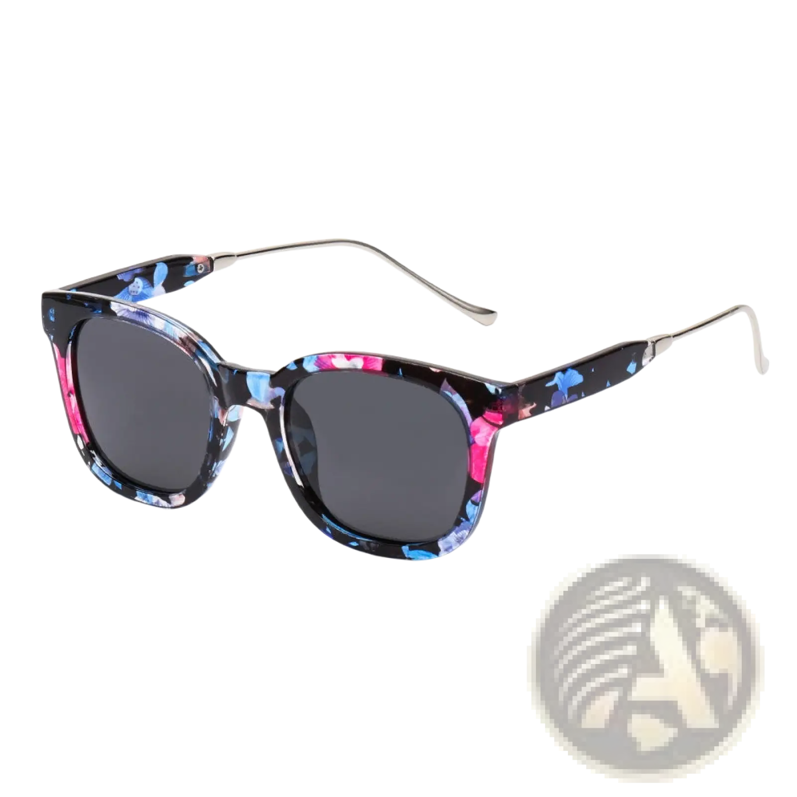 Women’s square polarized fashion sunglasses with vibrant pink blue black floral frame dark gray lenses and silver temples