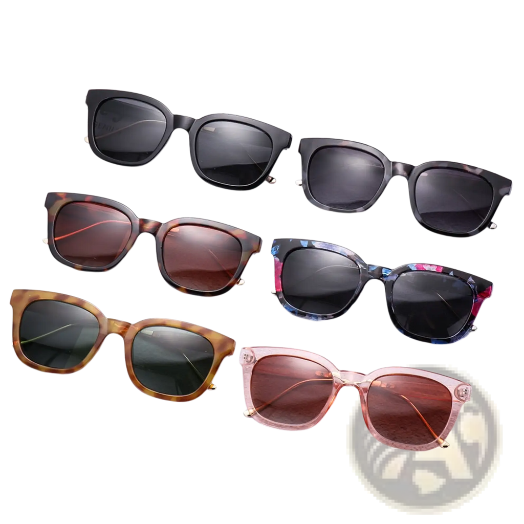 A set of six women’s square polarized fashion sunglasses in tortoiseshell, black, pink translucent, and blue floral designs