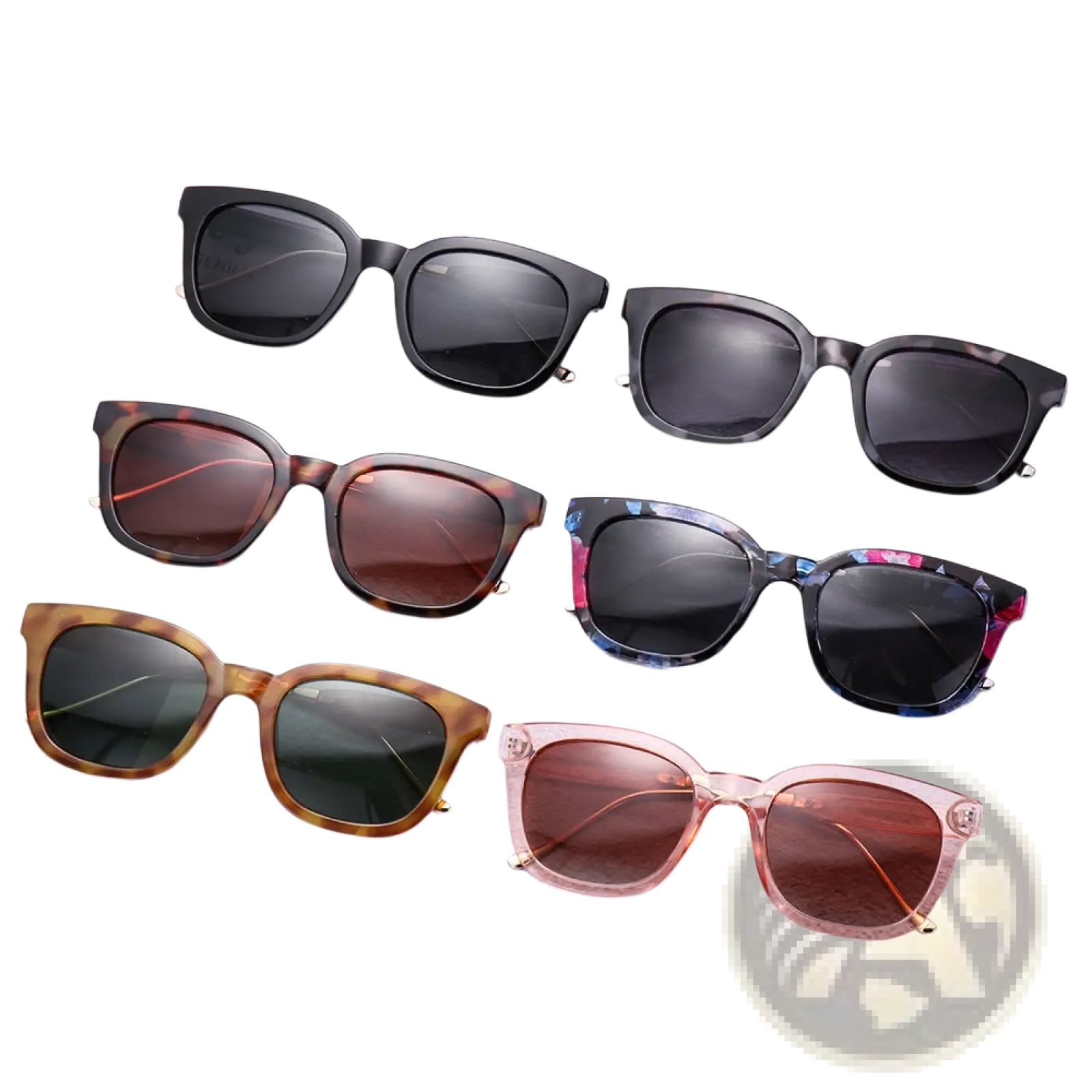 A set of six women’s square polarized fashion sunglasses in tortoiseshell, black, pink translucent, and blue floral designs