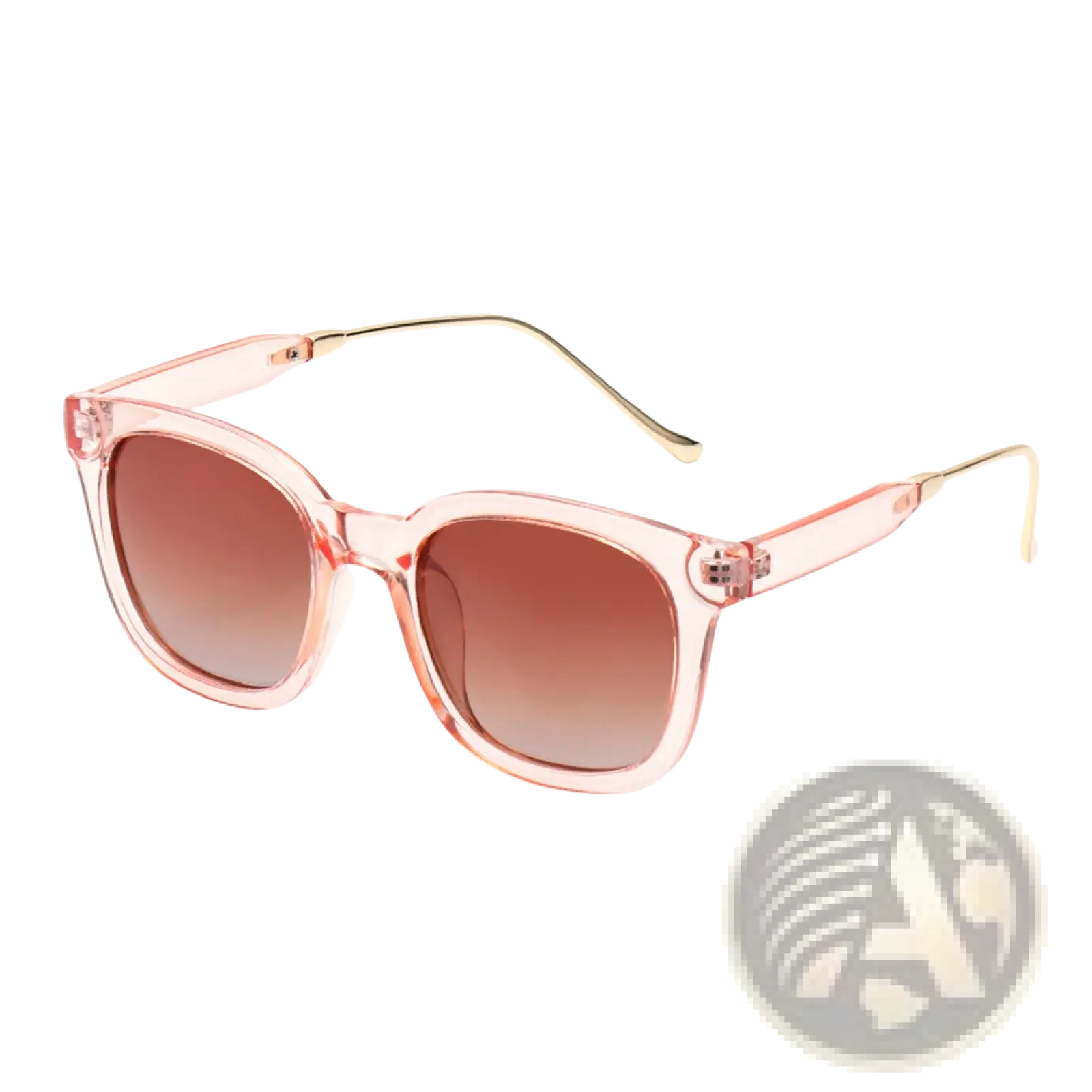 Women’s square polarized fashion sunglasses with pink translucent frames, gradient brown lenses, and gold-tone metal temples