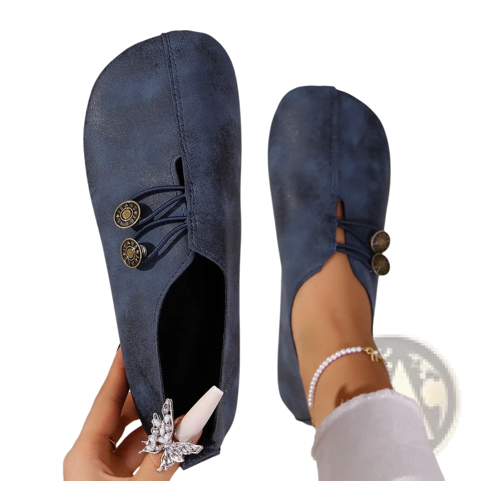 Women’s navy blue suede slip-on loafers with square toe lace-up leather design gold-tone buttons and butterfly charm