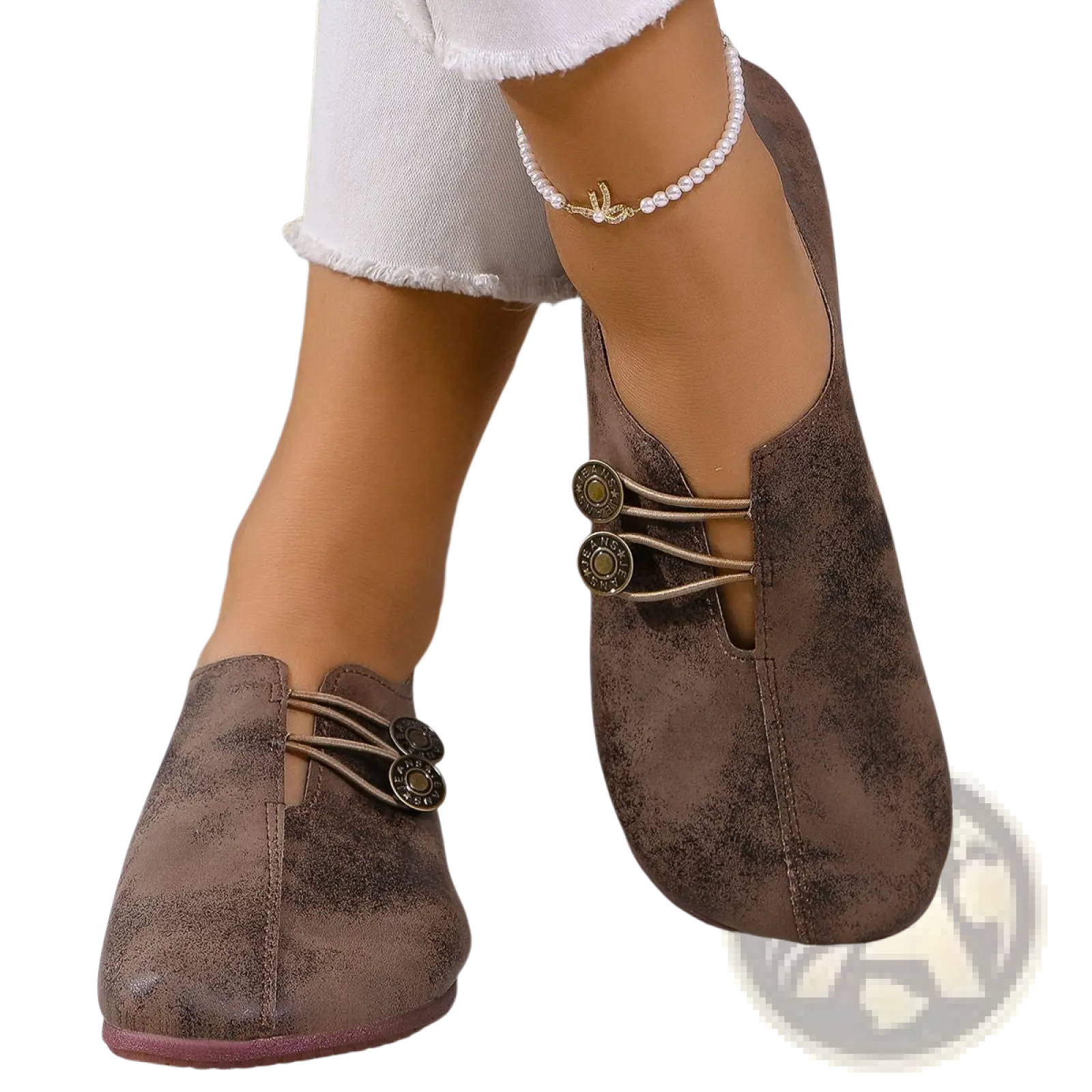 Women’s brown suede slip-on loafers with square toe and vintage-style metal button closures in leather and suede