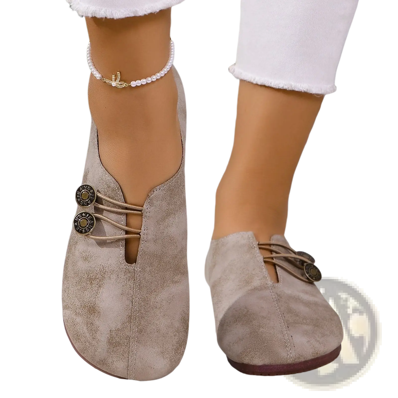 Beige leather and suede women’s square toe lace-up loafers with dark metal button accents and matching laces