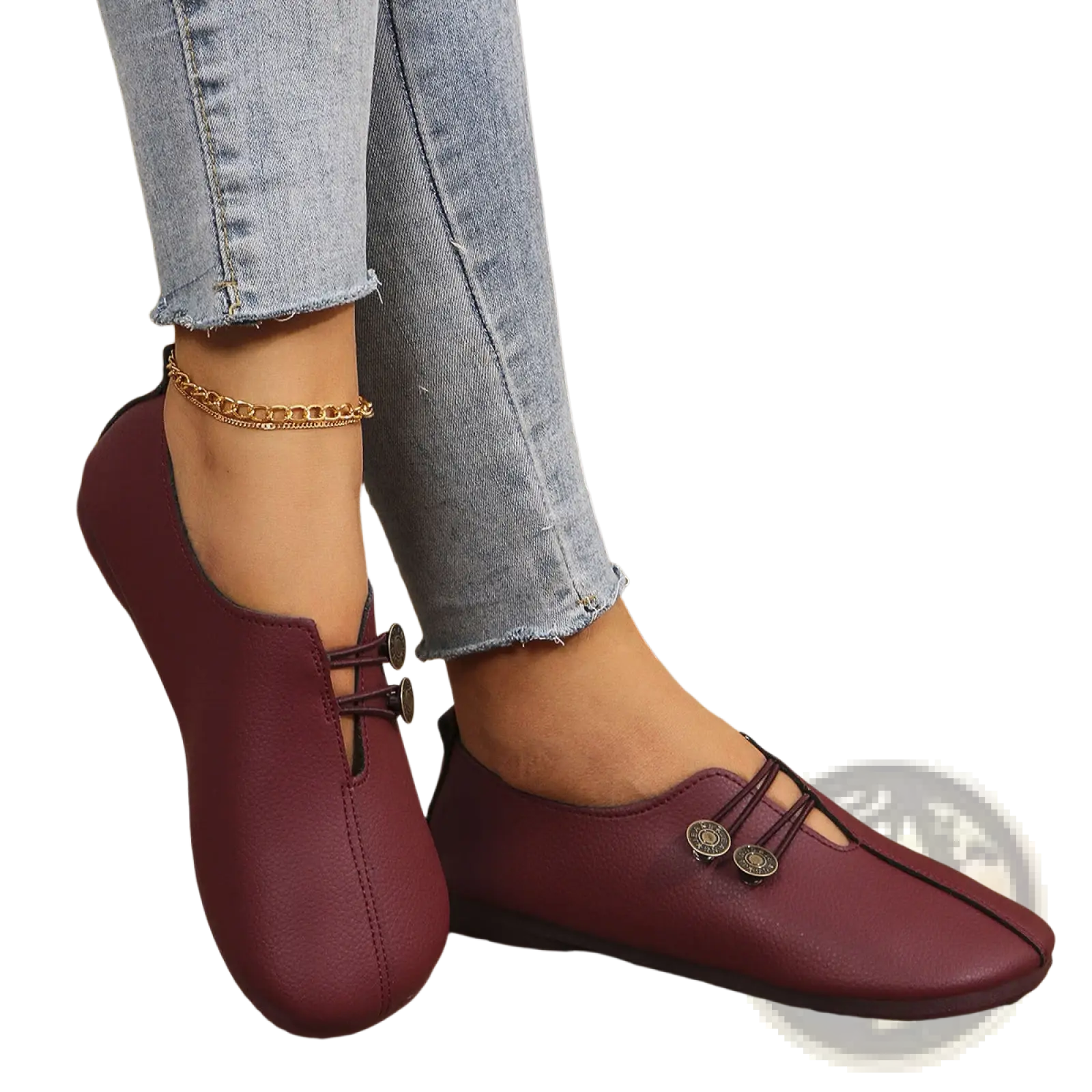 Women’s maroon leather slip-on flats with decorative metal buttons and subtle textured finish square toe design