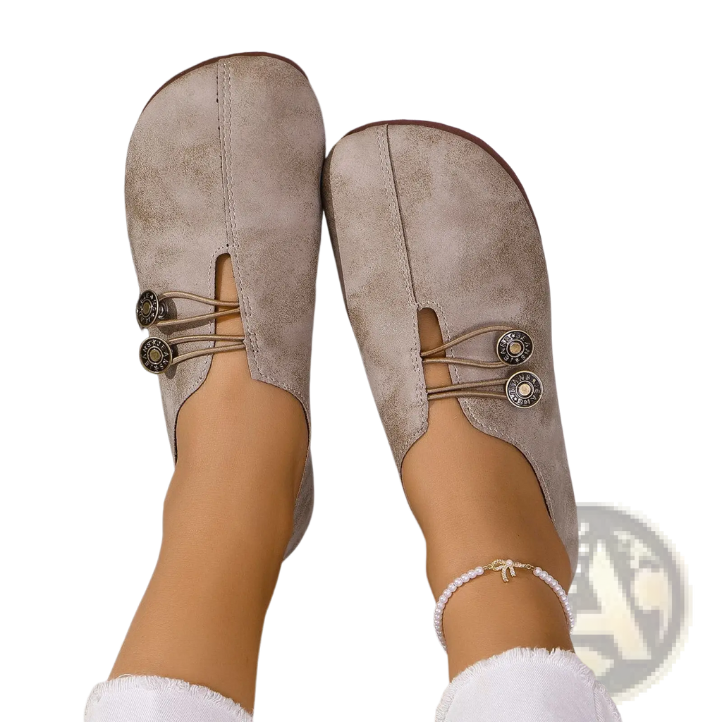 Beige suede slip-on shoes with decorative metal buttons and elastic straps in womens square toe lace-up loafers
