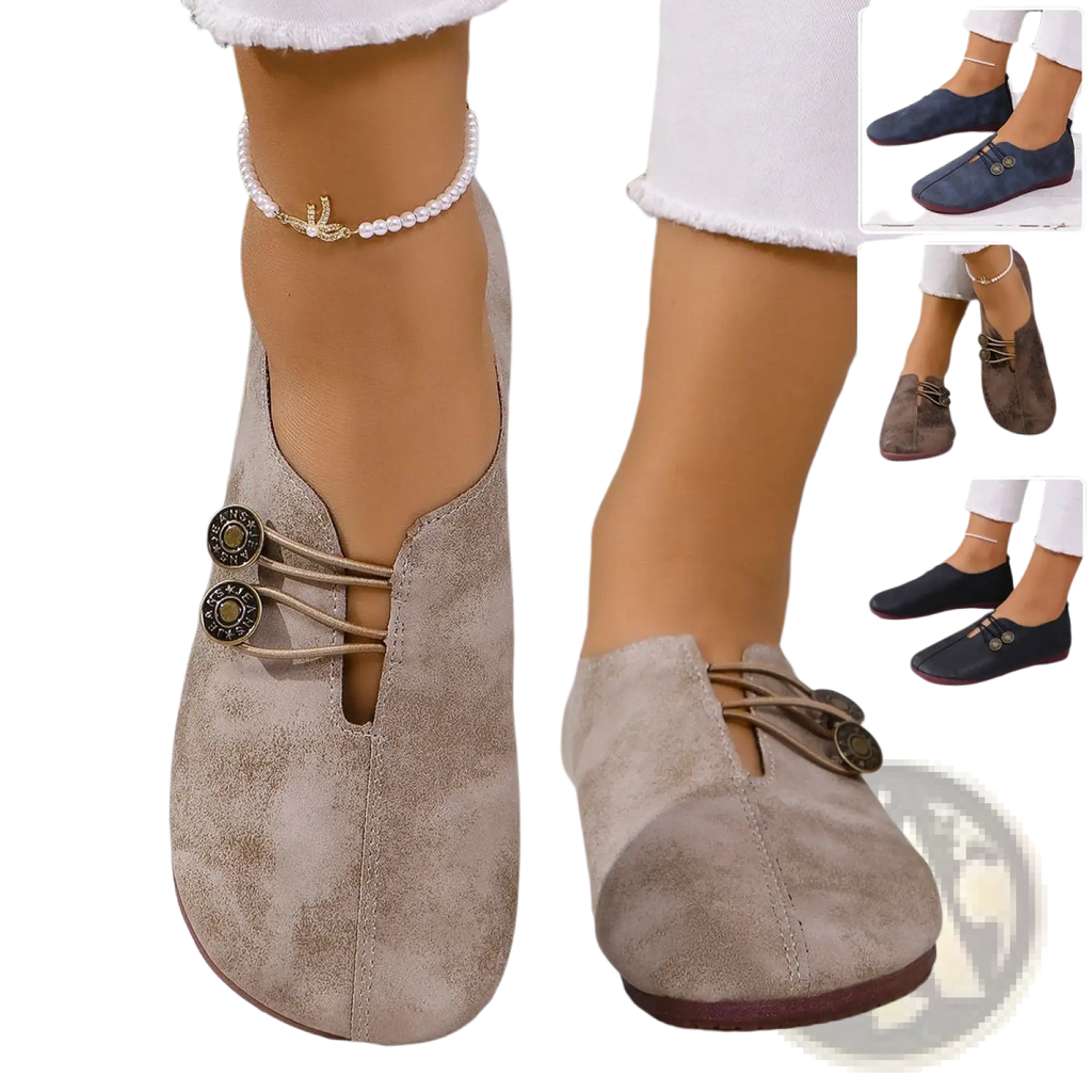 Beige suede women’s square toe lace-up loafers with leather details and decorative metal buttons