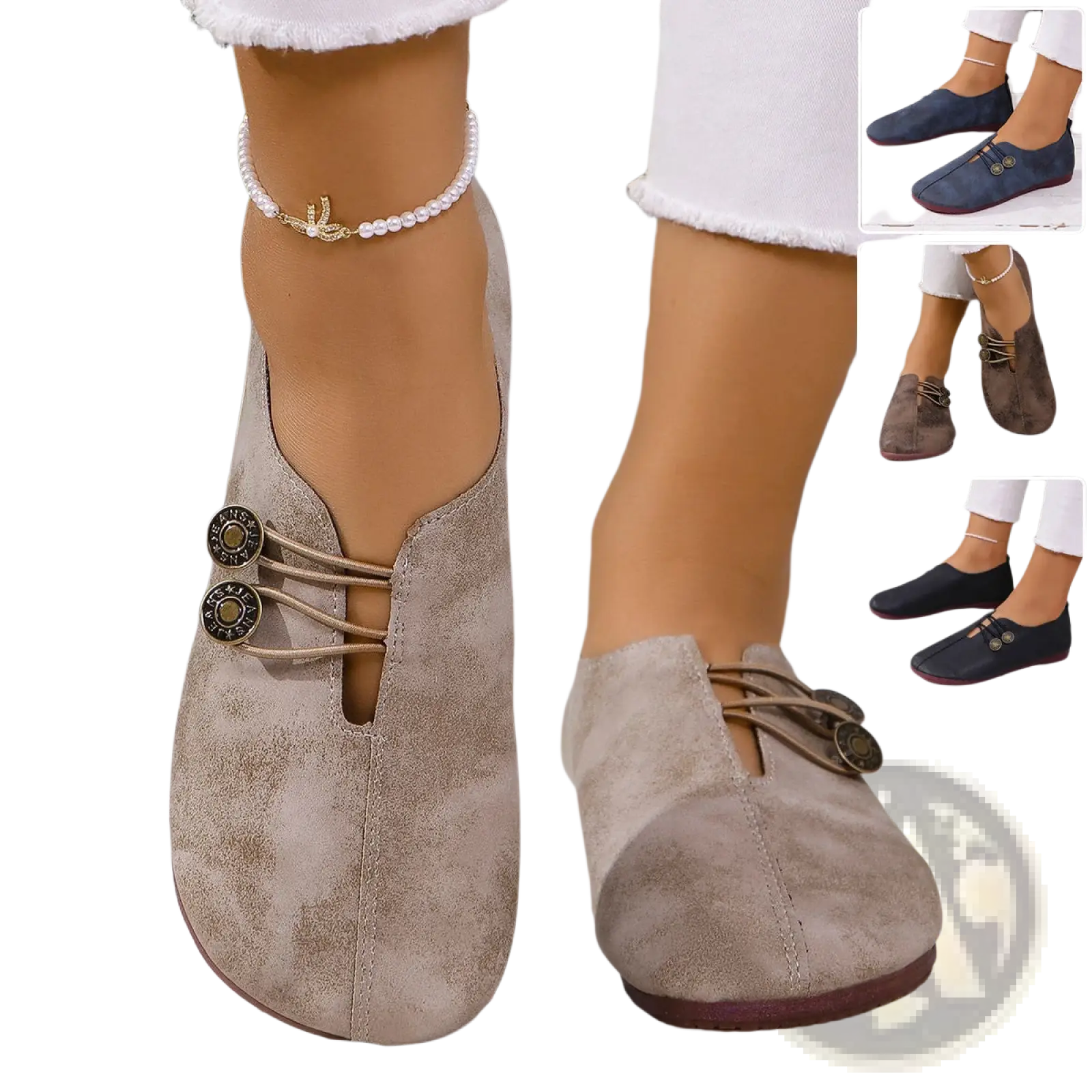 Beige suede women’s square toe lace-up loafers with leather details and decorative metal buttons