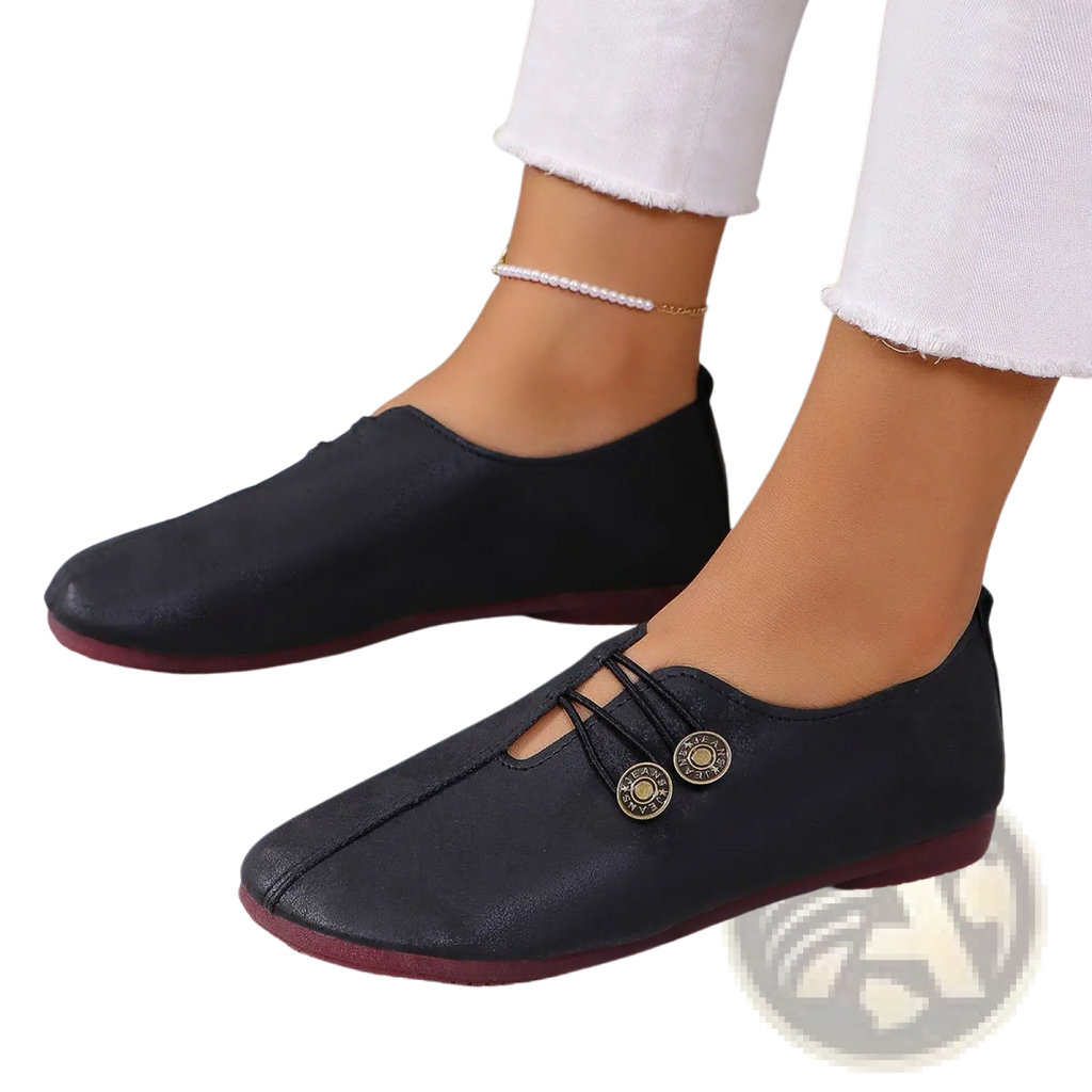 Women’s square toe lace-up leather and suede loafers in black with gold button accents and burgundy sole