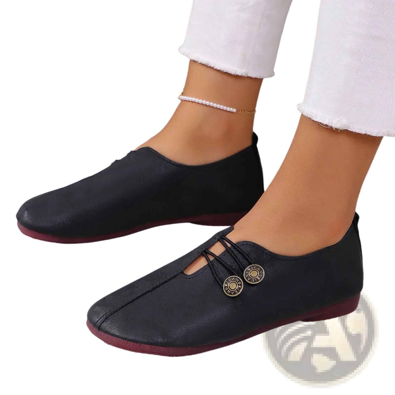 Women’s square toe lace-up leather and suede loafers in black with gold button accents and burgundy sole