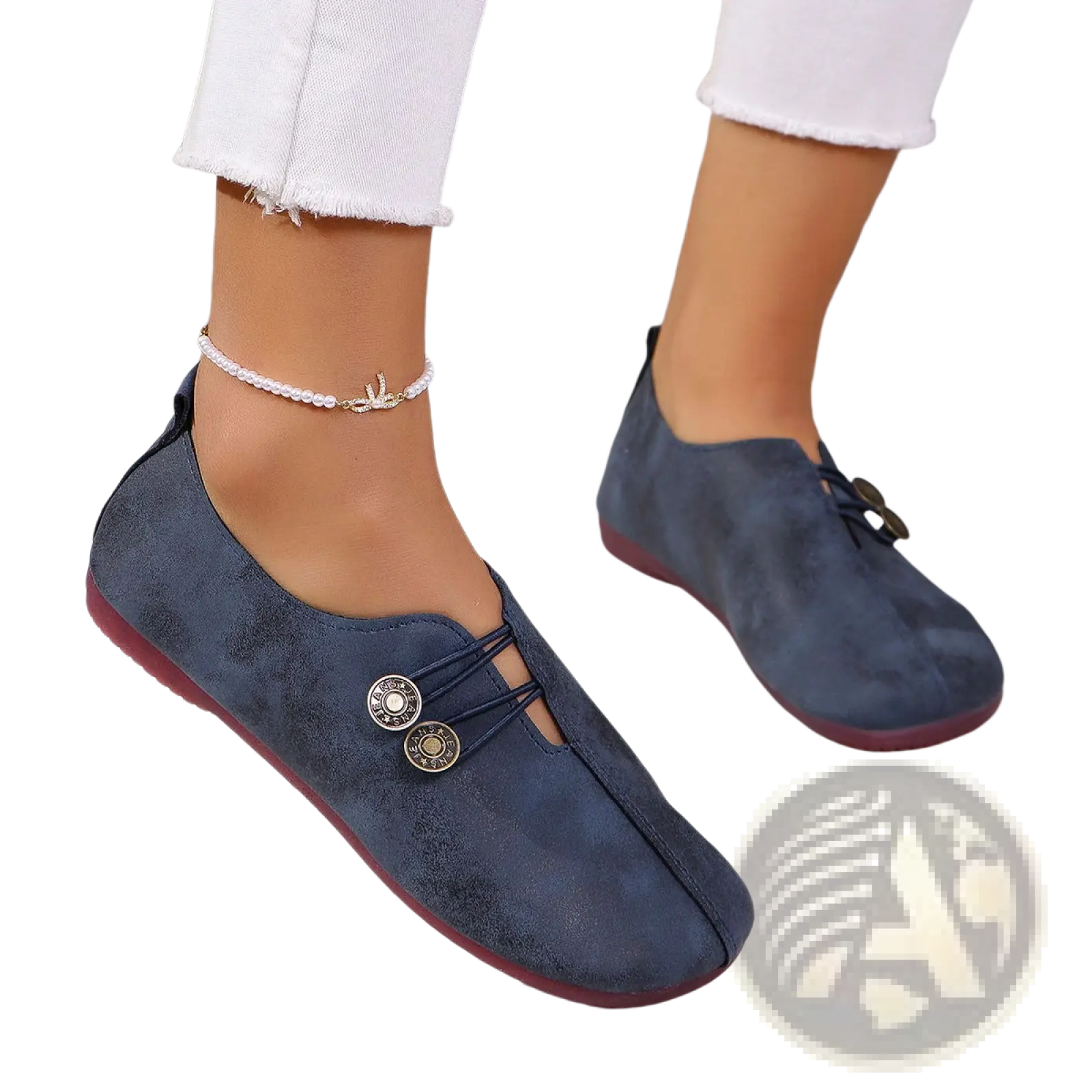 Women’s navy blue suede slip-on loafers with brass buttons and contrasting red sole square toe design